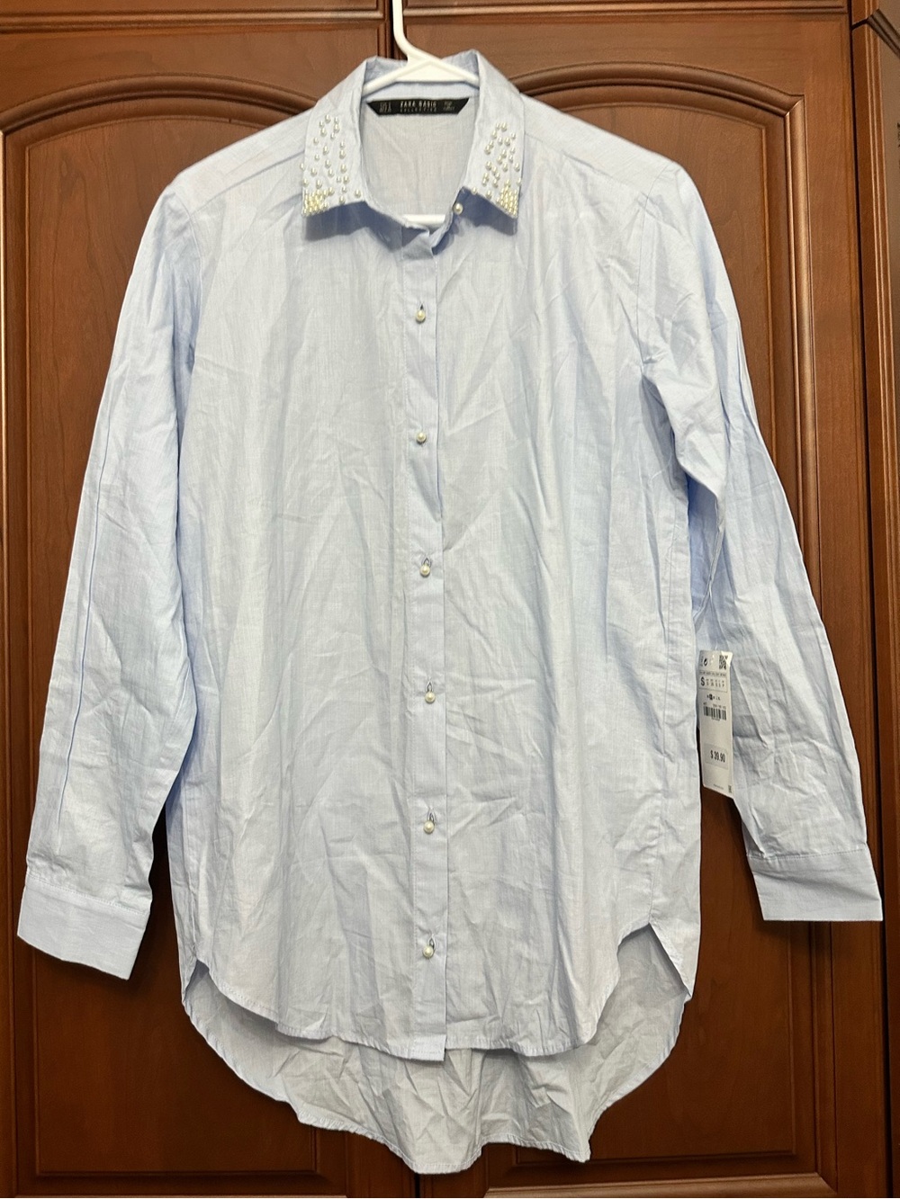 Zara light blue pearl embellished cotton shirt NWT